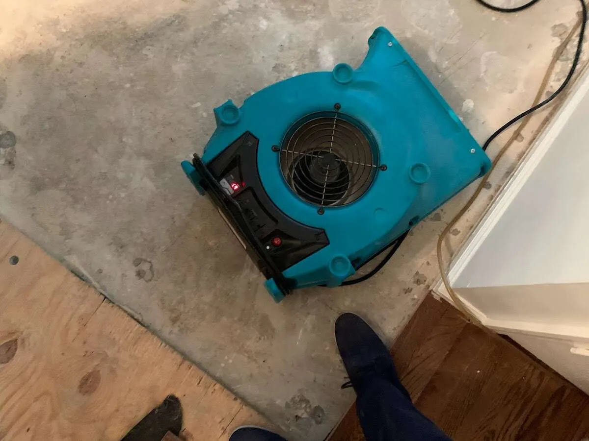 Air mover drying subfloor during Commercial Water Damage Restoration in Sanford